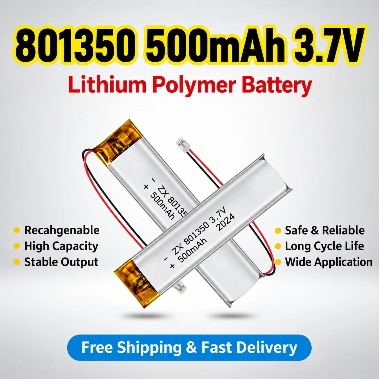 3.7V 500mAh 801350 Lipo Battery Rechargeable Lithium Polymer Cells For Recording Pen Electric Toothbrush Reading Pen 801350