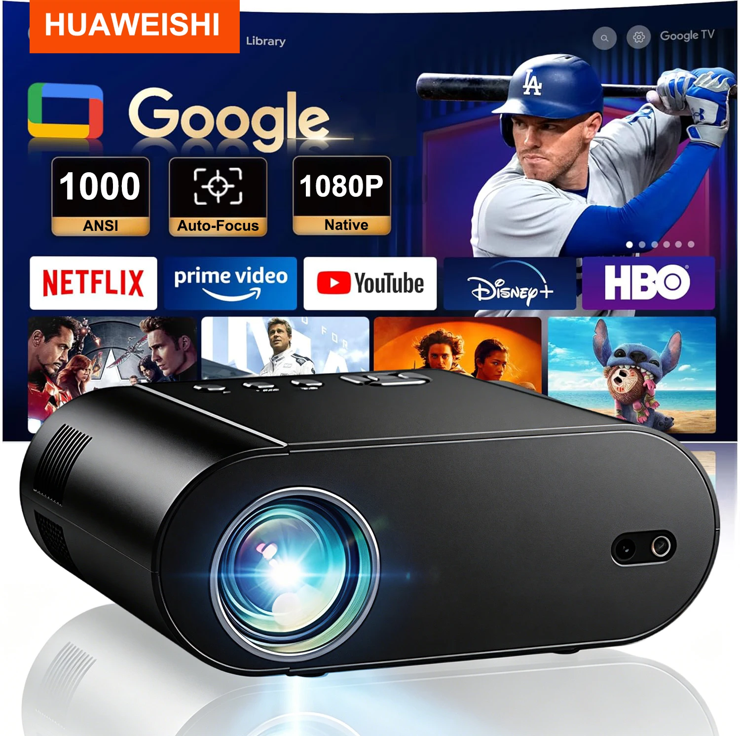 Projektor Huaweishi L007 4K 1000ANSI z natywnym rozdzielczością 1080P, automatycznym ustawianiem ostrości, korekcją trójkątnego zniekształcenia, BT5.2, Android 11, WIFI6 do kina domowego, rok 2025.