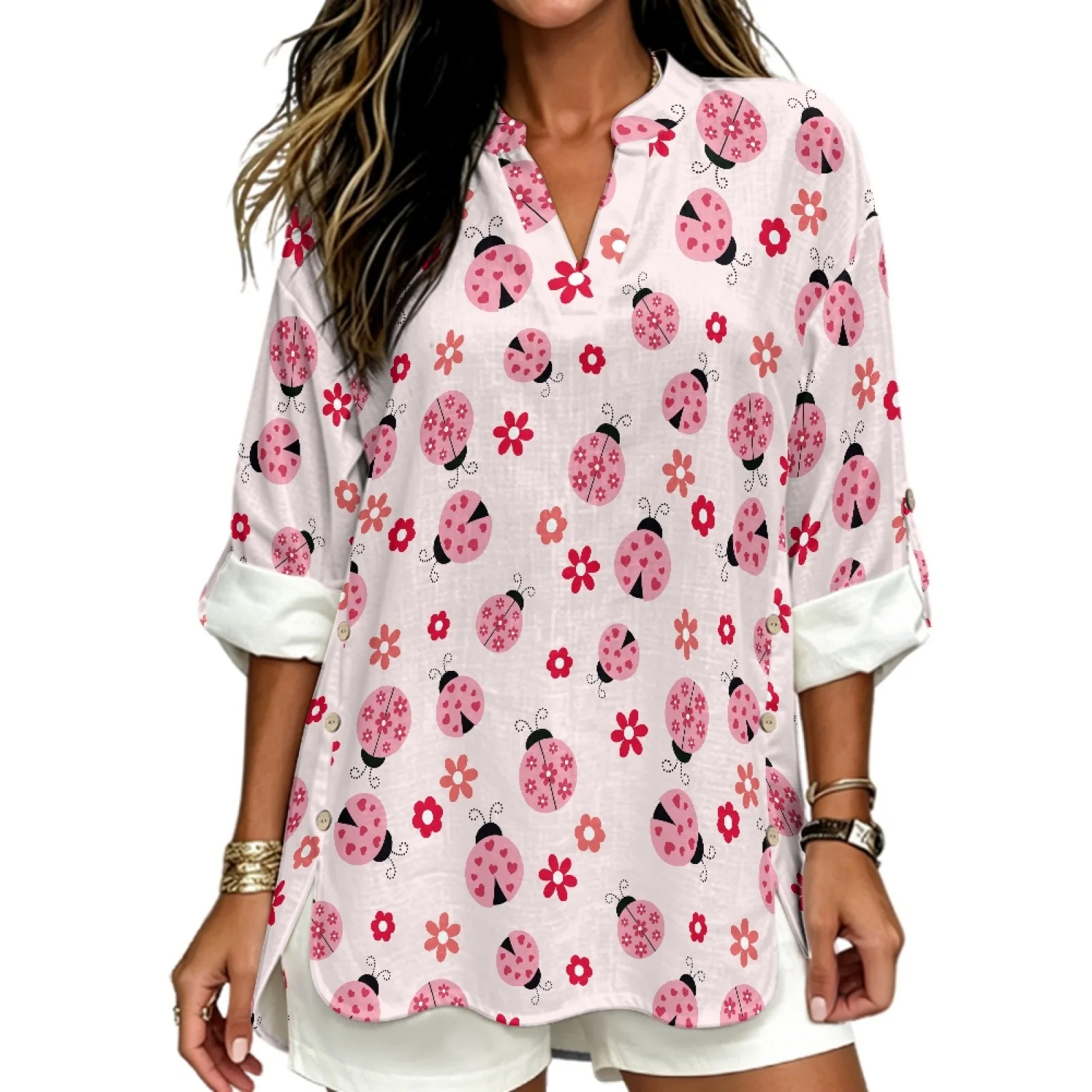 PENSTROLL Floral Ladybugs Loose Women's Shirts for Womens Linen Like Women's Tops V Neck Shirts