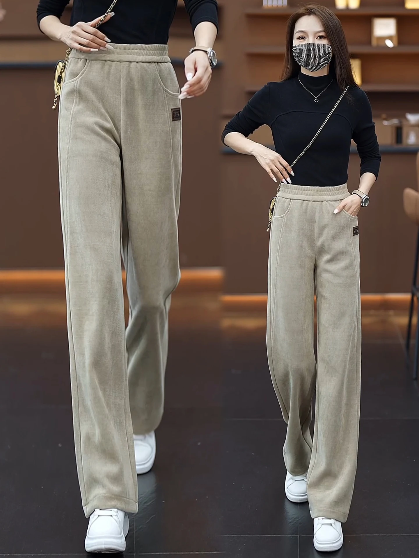 

High Waist Fleece Lined Thickened Slim Fit Wide Leg Pants Women's Autumn Winter Casual Straight Cut Velvet Elastic Waist Skin...