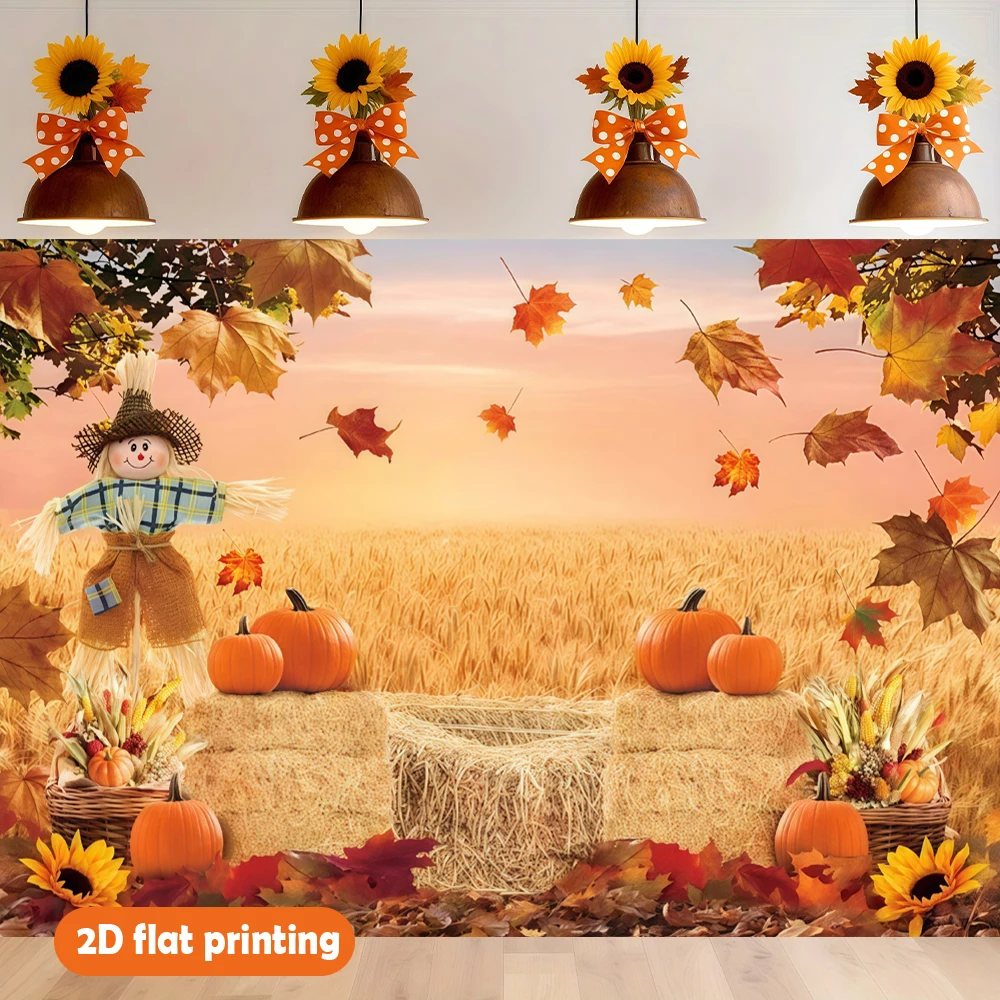 Banner de cumpleaños para celebración Rural de otoño, campos de trigo dorados, bales de heno, colinas coloridas, calabazas, girasoles, espantapájaros