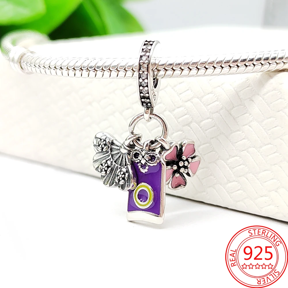 S925 Sterling Silver Purple Daisy Murano Beaded Night Sky Star Dangle Charm Fits DIY Bracelet DIY Luxury Silver Girl Jewelry