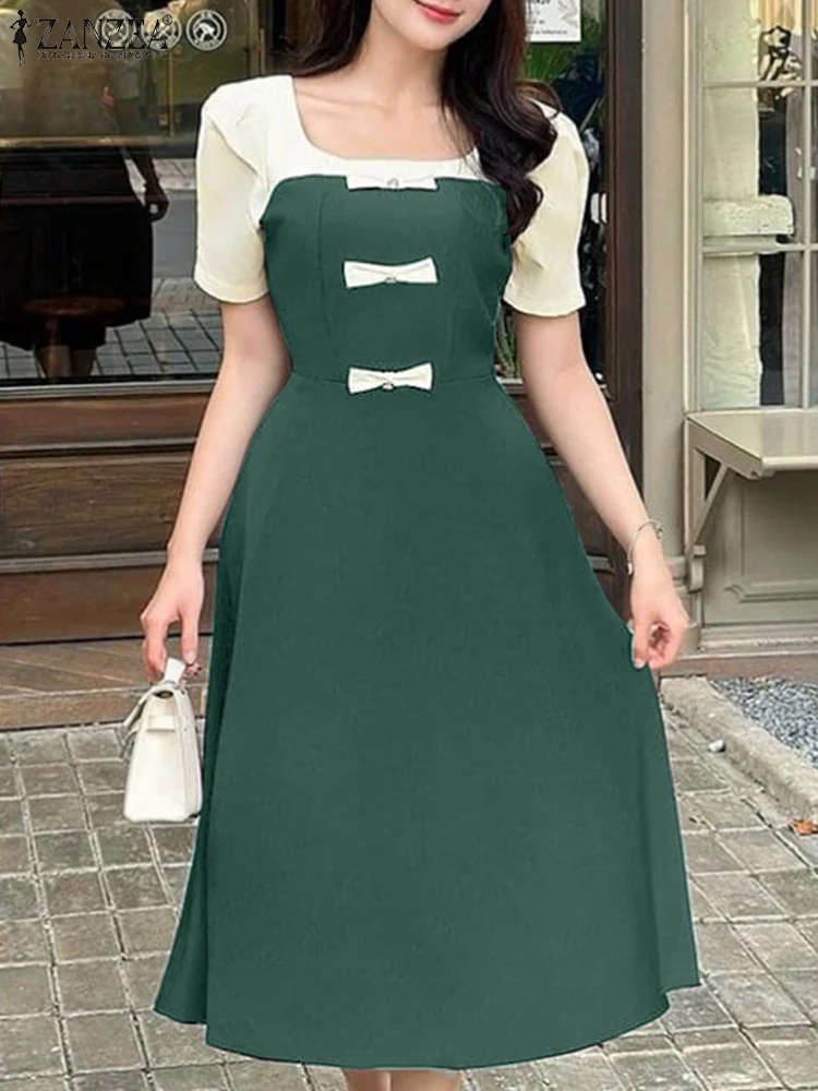 

ZANZEA 2025 Womens Elegant Midi Dresses Fashion Square Neck Short Sleeve Bow Detail Contrast-Color A-line Robes Femme Slim Dress