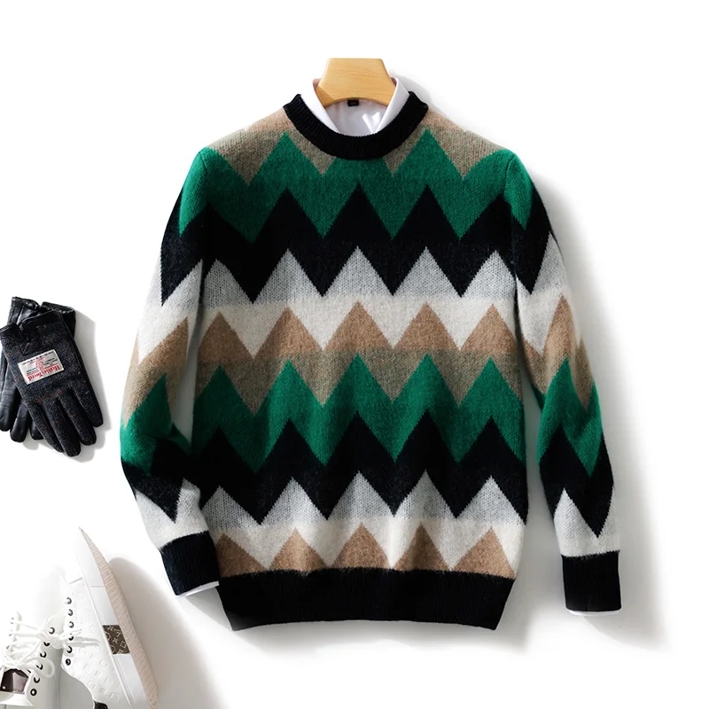 100% Merino Wool Men's Sweater Pullover Contrast Casual Knitting Jumper Thickened Autumn Winter