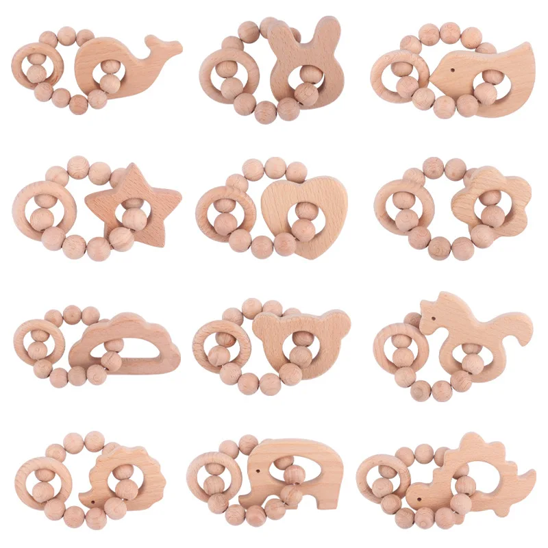 

ABCPICK Baby Wooden Animal Hanging Toys Beech Wood Teether Bracelet Rattle Toys For Kids Teething Accessoories BPA Free