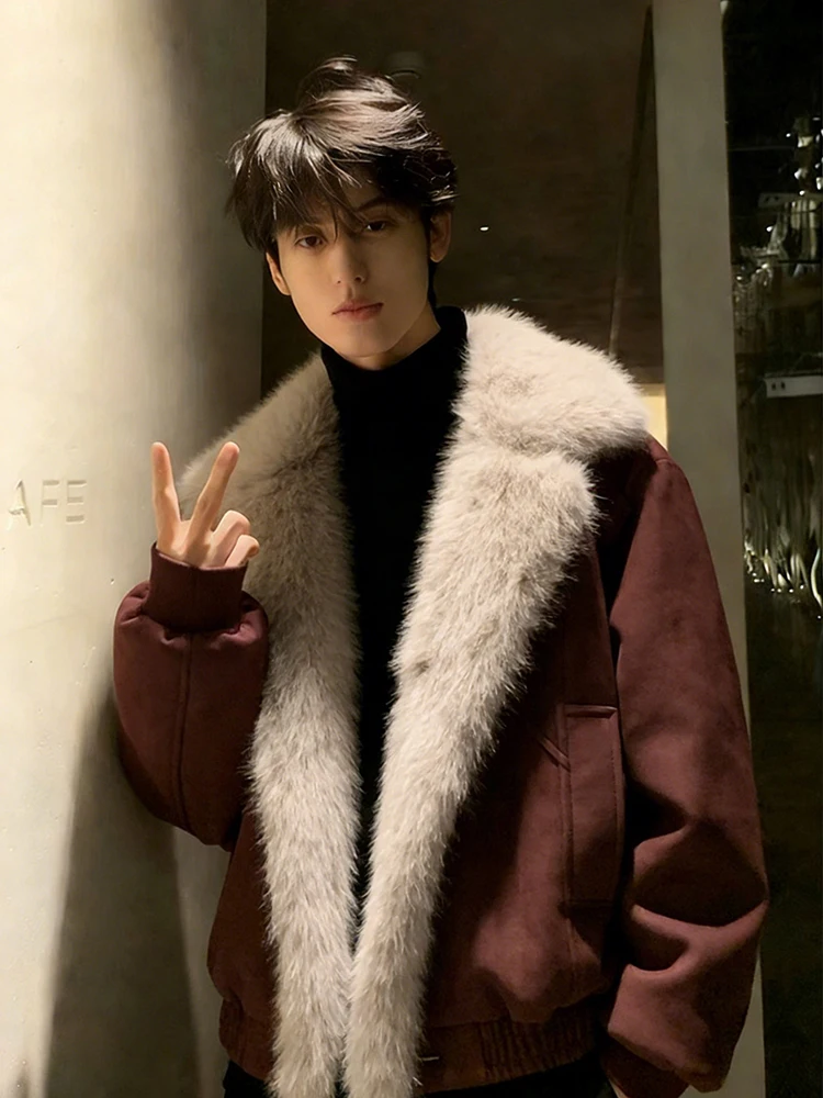 

Red Wine Color Wolf King Jaet Men's Winter ort Quilted Mink Velvet Cotton Coat with Fur Collar Casual Warm Thiened Cott...