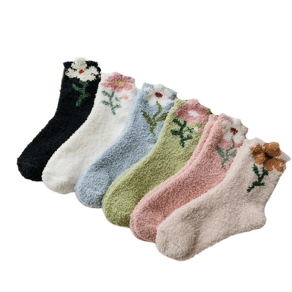 

6Pairs Comfortable Thickened Coral Fleece Socks Winter Flower Floor Plush Socks Hosiery Sleeping Warm Socks Women For Female Men