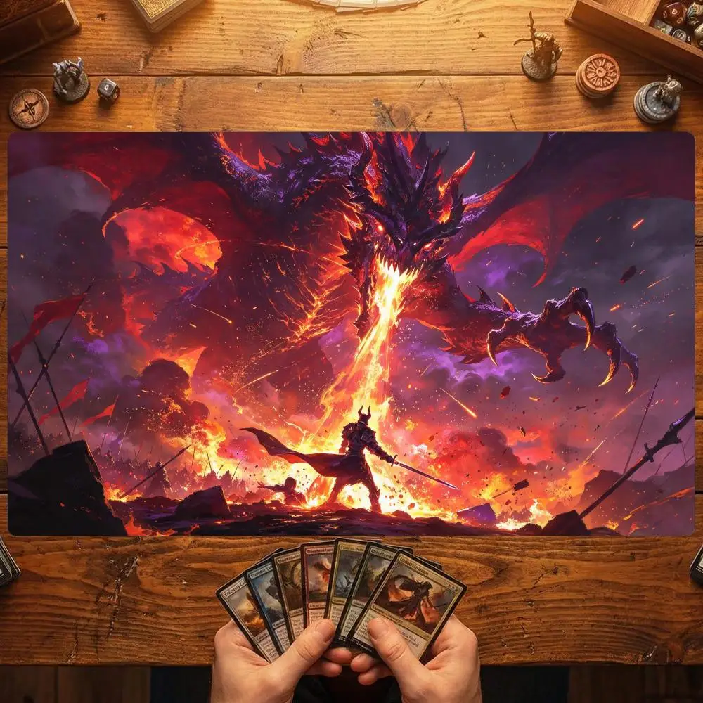 Fire Dragon Fight Mouse Pad Card Playmat Stitched with Magic Zones Tabletop for MTG/TCG Card Battle Commander Gaming Mat