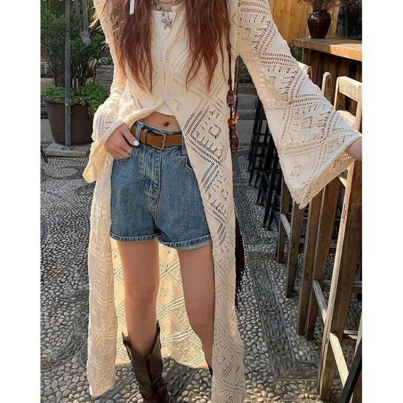 Bohemian Openwork Knit Cardigan Women's Long Summer 2025 Casual Blouse Top