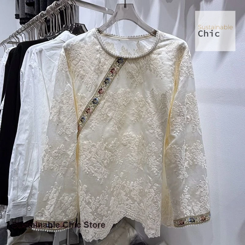Nouveau design chinois sens perlé jacquard brodé dentelle blouse femmes printemps et automne mode à manches longues haut sens blouse