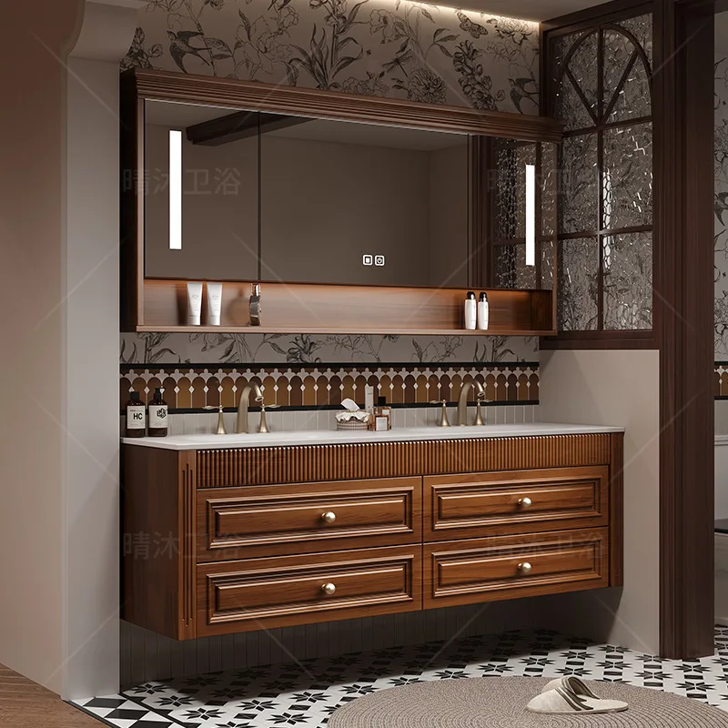 Factory Direct 2026 French retro style bathroom cabinet combination oak bathroom washbasin cabinet washbasin sink rock slab hot