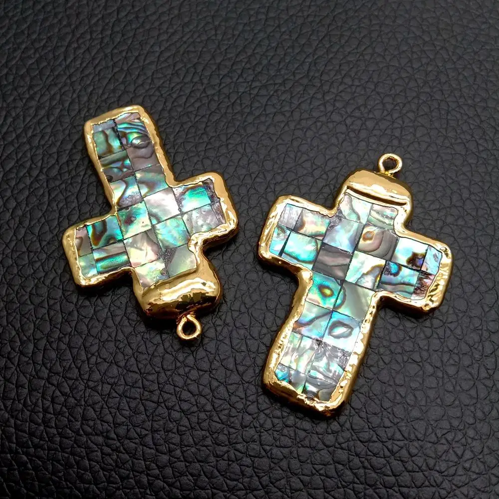 5 Pcs Multi Color Abalone Shell 30x45mm Crucifix Pendant Gold Plated For Jewelry Making