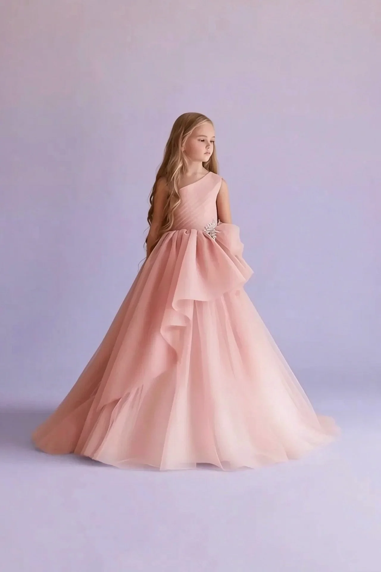 Elegant Flower Girl Dress for Wedding Backless Bow One Shoulder Princess Children Prom Dress First Communion Birthday Party Gown