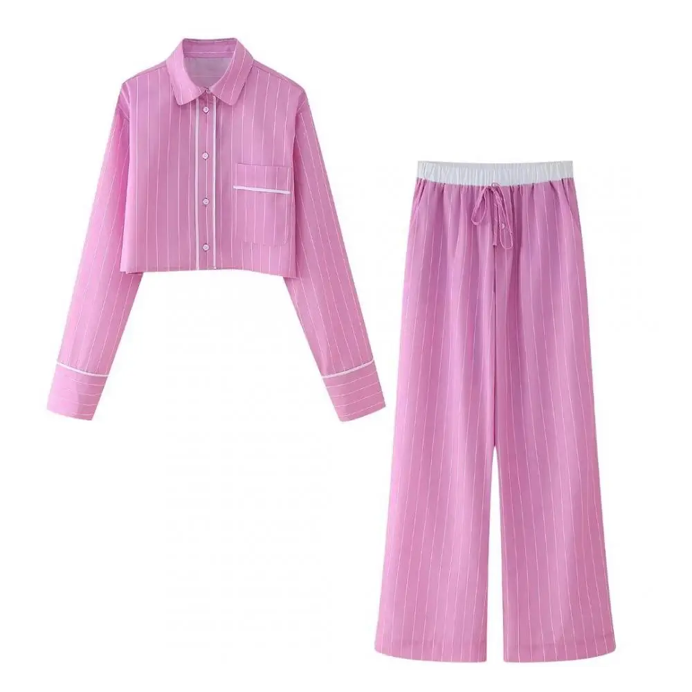 

Pink Stripe Lapel Pocket Button Casual Shirt Tops High Waist Loose Drawstring Side Pocket Wide Leg Pants Women 2 Piece Set