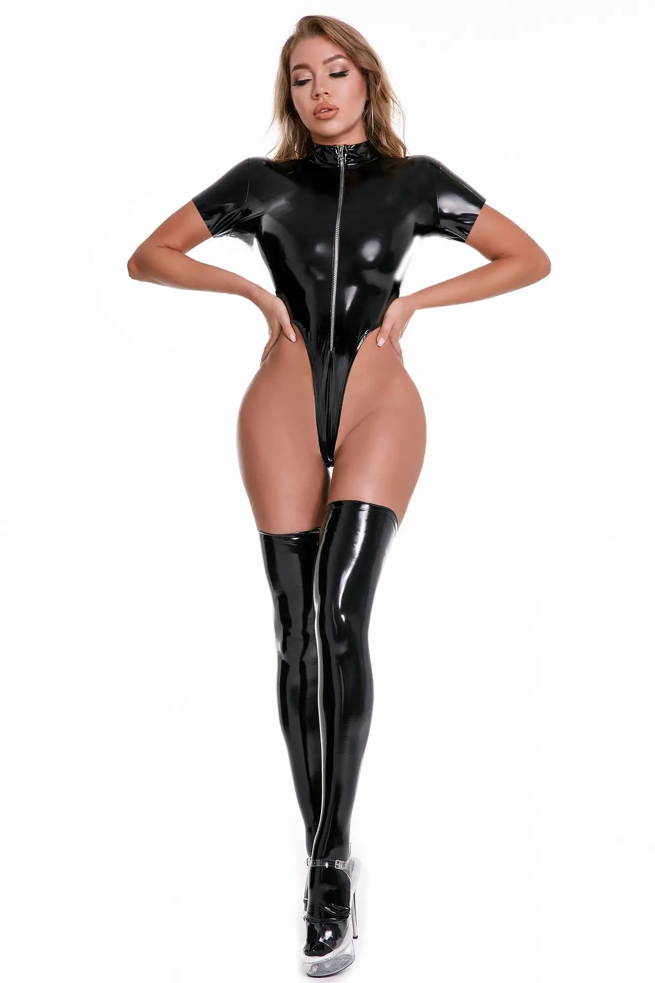 Sexy PVC Wet Look Leder erotische Dessous Overall Nachtclub glänzend Patent Mini kleid Pu Latex exotische Unterwäsche Bondage Kostüm