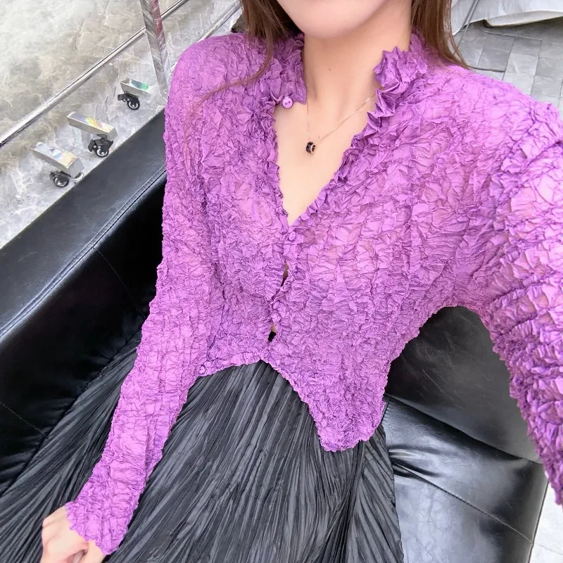 Miyake Pleated Jacket 2026 Summer New Niche Design Handmade Random Pleats Solid Color Single Row Multi-Button Casual Loose Top