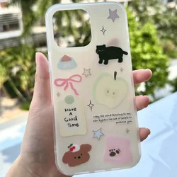 Green Apple Kitten Phone Case For iPhone 16 Pro Max 15 14 13 12 11 Xr Xs Max 7 8 Plus Cute Bowknot Little Bear Y2K Phone Cases