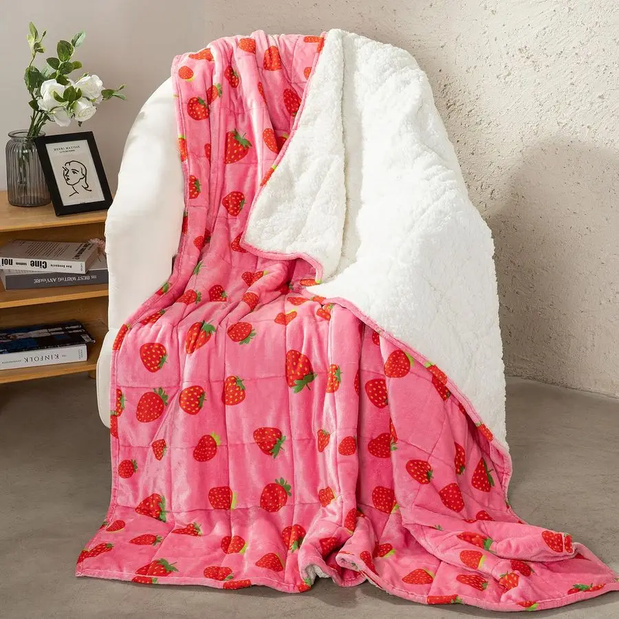 

Weighted Blanket Queen Size 15 Pounds 60x80,Soft Fluffy Fleece Sherpa Weighted Blankets for Adults,Cute Pink Strawberry Heavy Bl