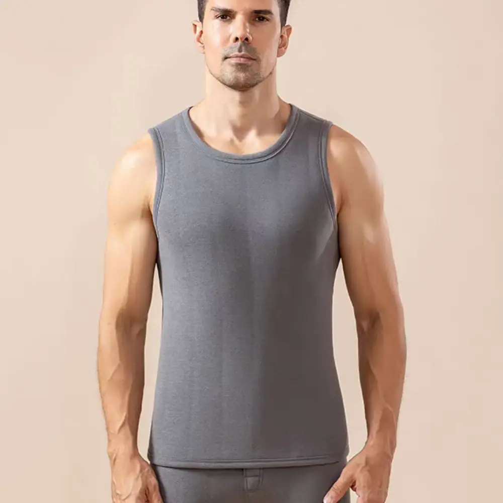 

Sleeveless Men's Velvet Vest Round Neck Solid Color Warm Base Wool Vest Thicken Top Plus Size Winter Thermal Vest Elderly