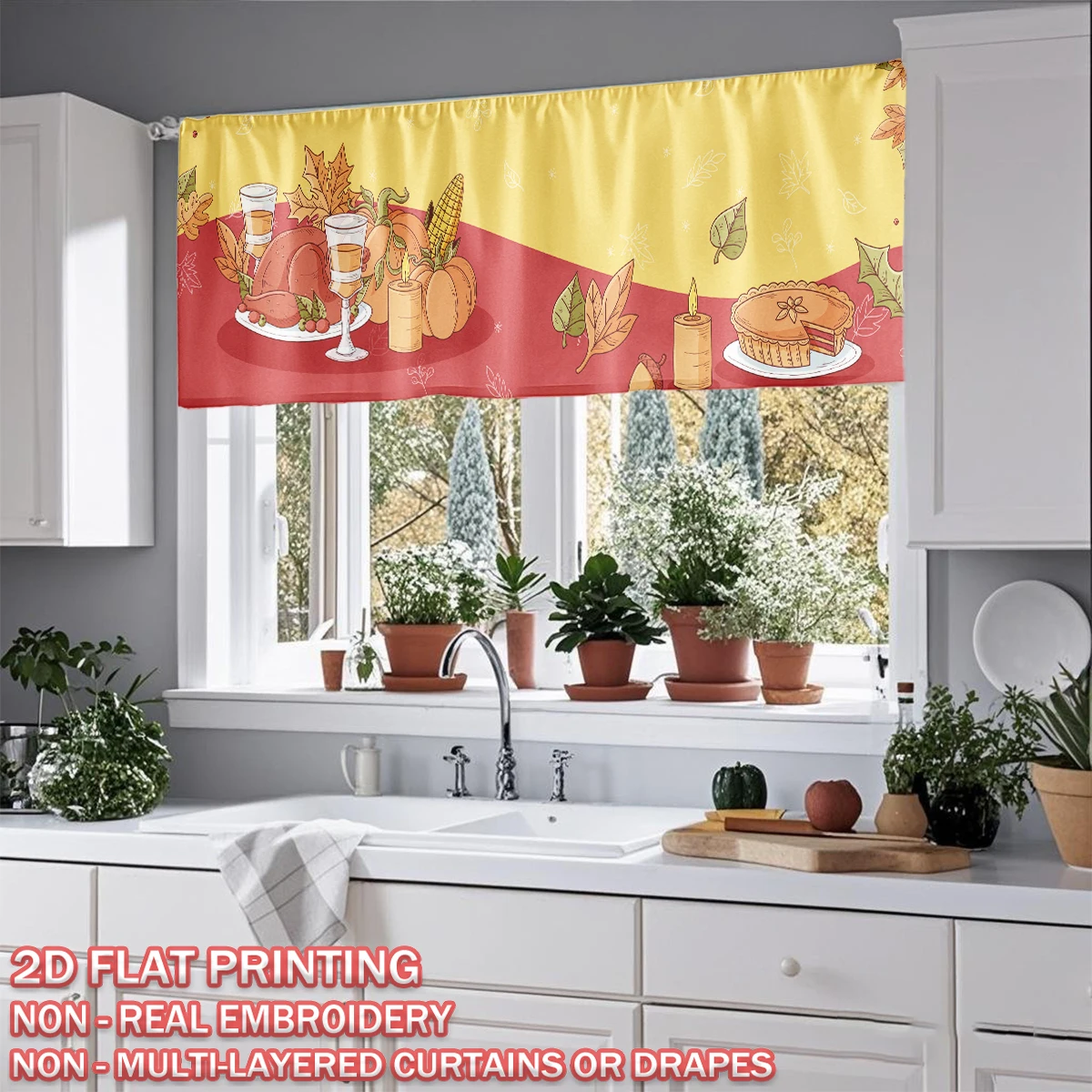 Thanksgiving Flat Printing Kitchen Window Valance With Thanksgiving Turkey Feast Pumpkin Pie For Home Party Door Window Decor