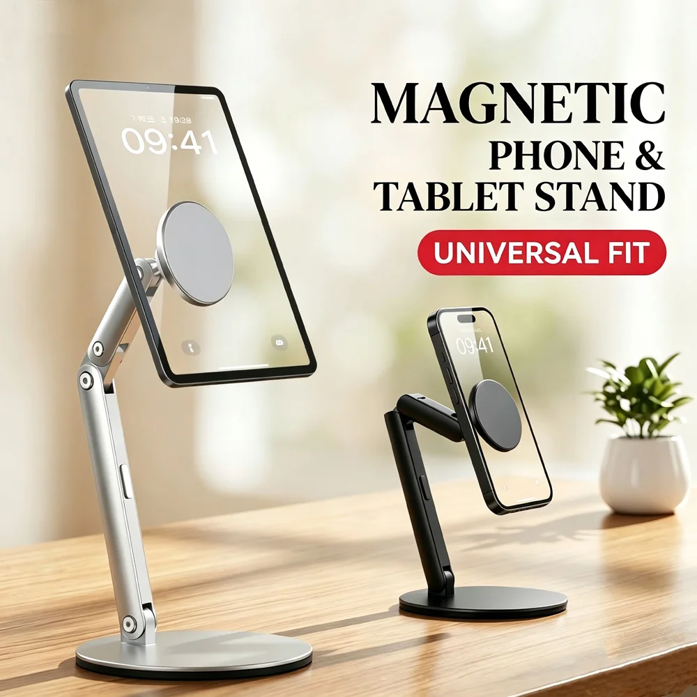 Magnetic Phone Tablet Stand Aluminum Alloy Foldable Desktop Holder 360 Rotation Magnetic Mount For iPhone iPad Android Tablet