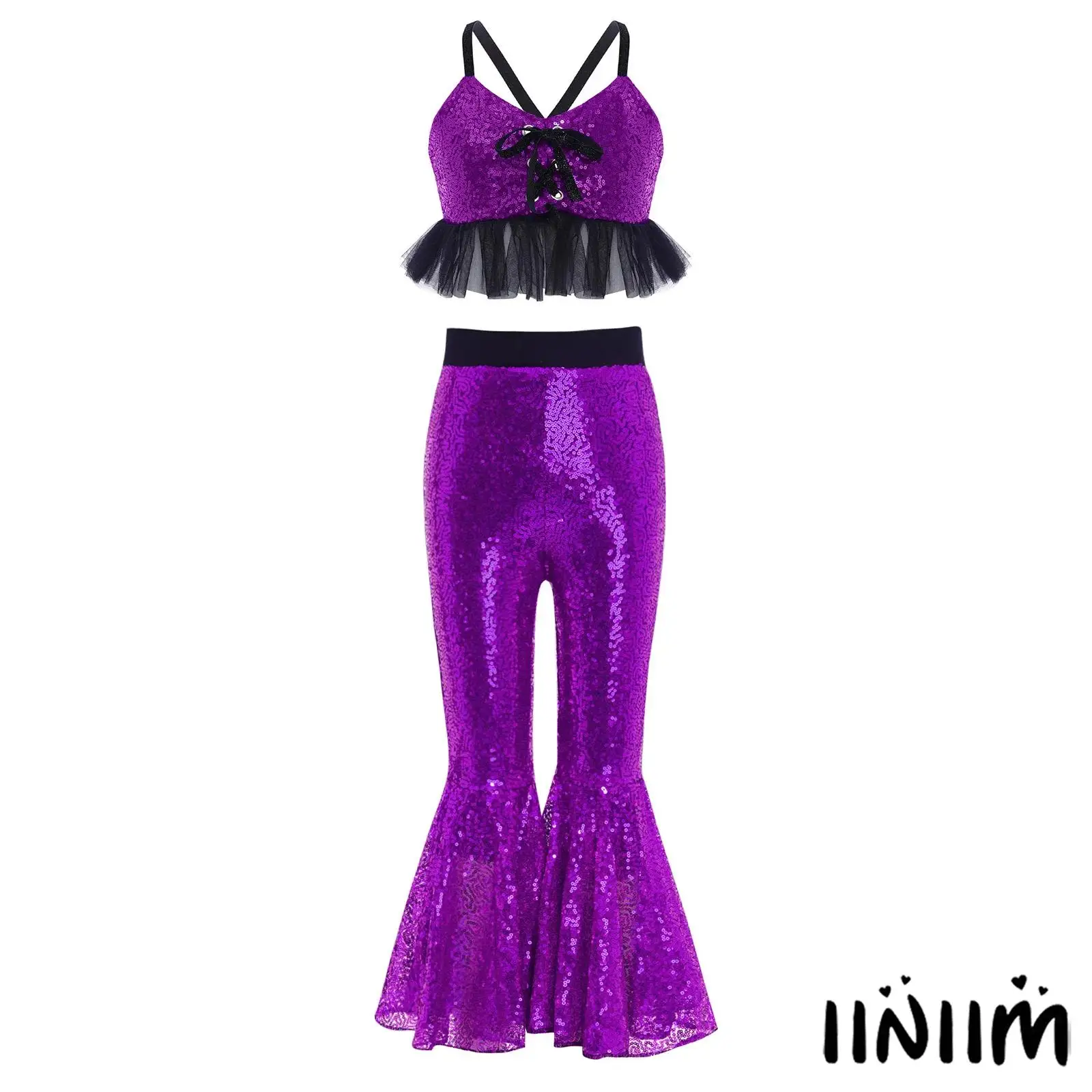 

Детские комплекты из 2 предметов для диско-джаза и латинских танцев для девочек, бретельки из тюля с оборками, блестящие камзолы с блестками и расклешенные брюки с блестками