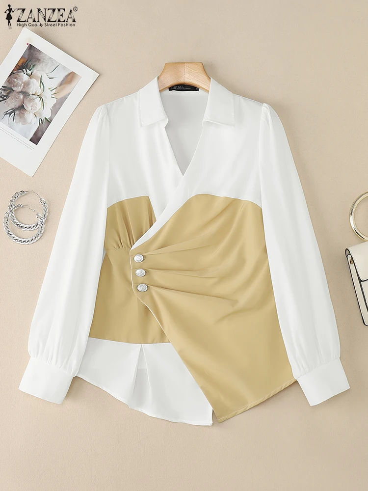 

ZANZEA женские лоскутные рубашки с цветными блоками и длинными рукавами, осенние модные элегантные сорочки с отложным воротником на пуговицах, завернутые рубашки Femme