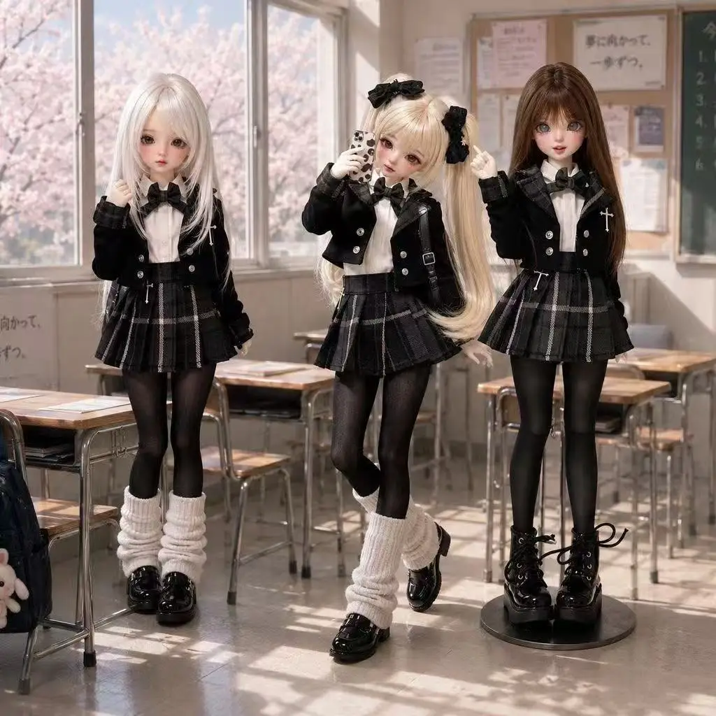 1/4Bjd Doll Clothes Jk School Uniform Ruffle Skirt Set Coat+Shirt+Skirt+Socks+Tie Girl Dress Up Game Doll Accessories No Doll