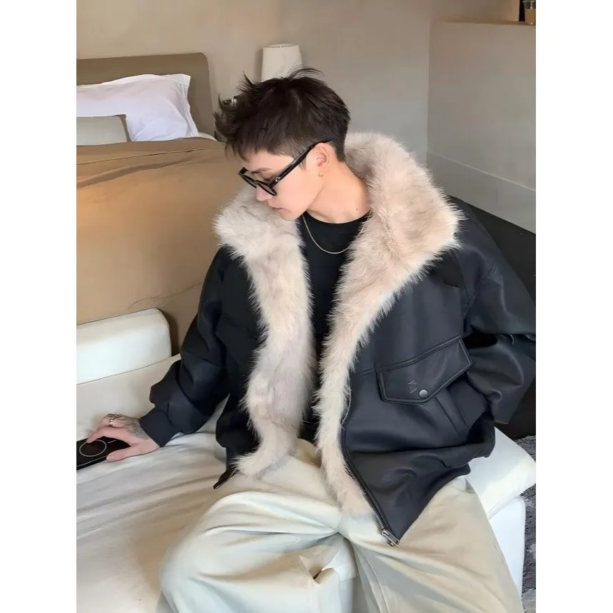 

Мужская осенне-зимняя куртка большого размера из искусственной кожи с меховым воротником, теплая, модная, городская, на молнии