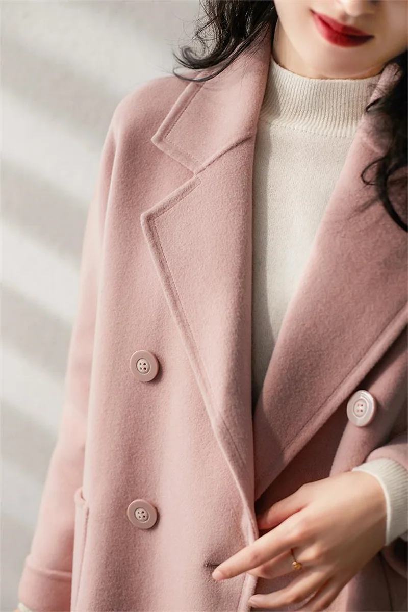 Hong Kong style Rose Pink Woolen Coat 2025 Spring and Autumn New Fashionable Western Style Medium length Woolen Coat