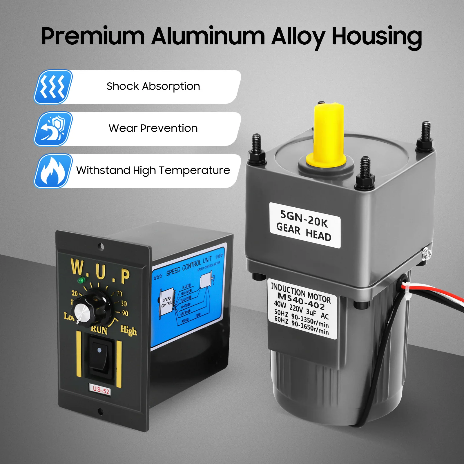 Moteur à engrenages 220V avec contrôleur de vitesse, 40W réglable de 0 à 68 tr/min, en alliage d'aluminium et cuivre, réversible pour l'automatisation industrielle