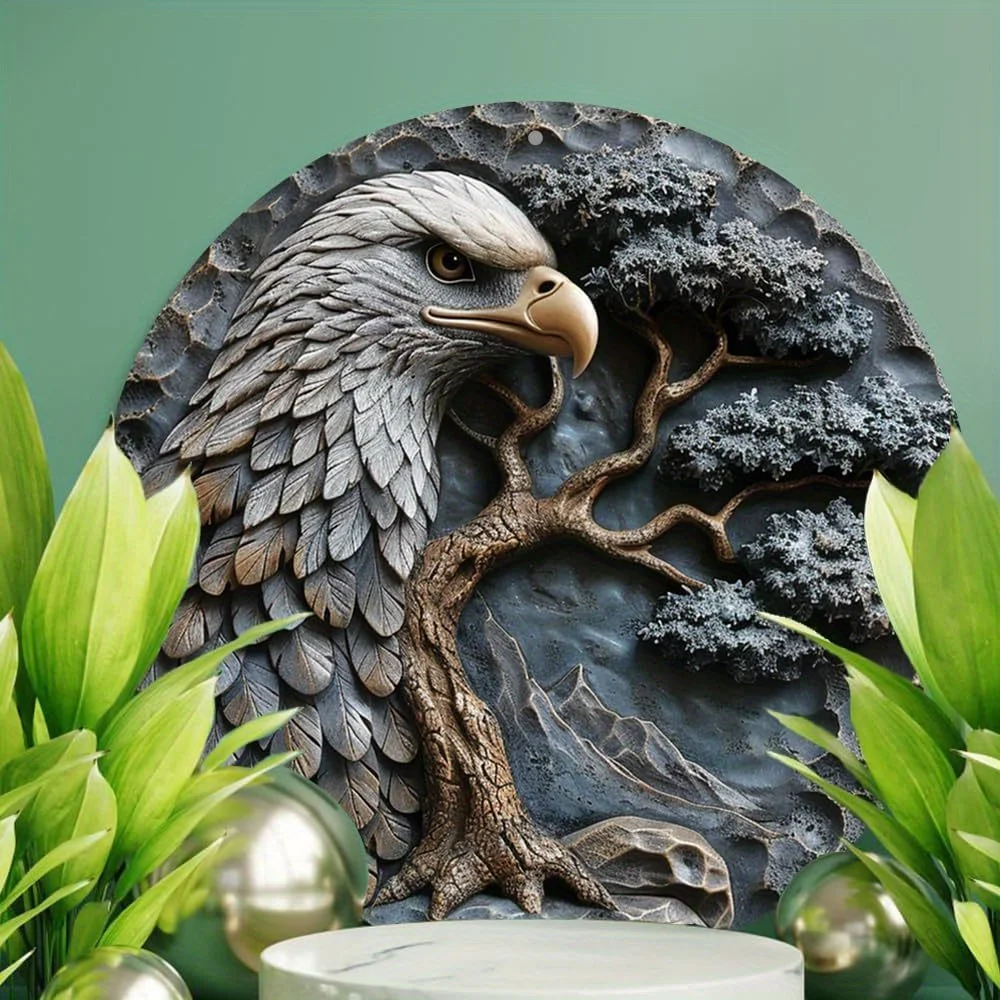 Round Aluminum Wall Decor Sign, 3D Imitation Bald Eagle Relief Art, Weatherproof, Luxurious Style, Home and Office Decoration