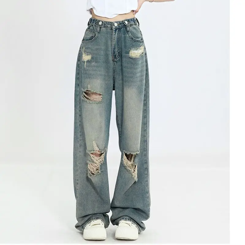 Retro Distressed Jeans for Women Loose Straight Leg Pants Jeans Leisure High Waisted Wide Leg Pants Female