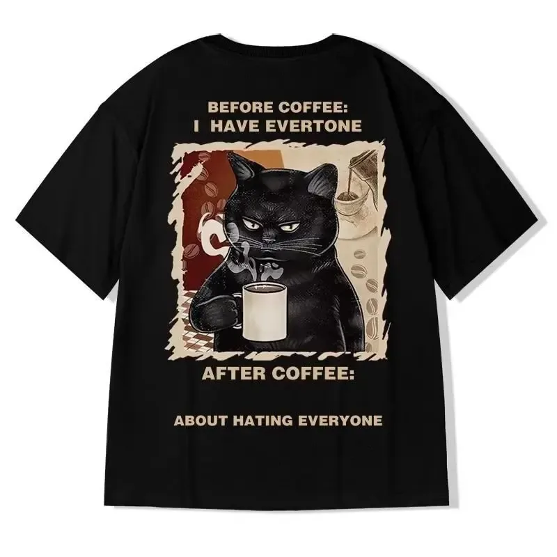 

Футболка мужская хлопковая с рисунком кошки, черная футболка в японском стиле Харадзюку, одежда для улицы, лето 2024