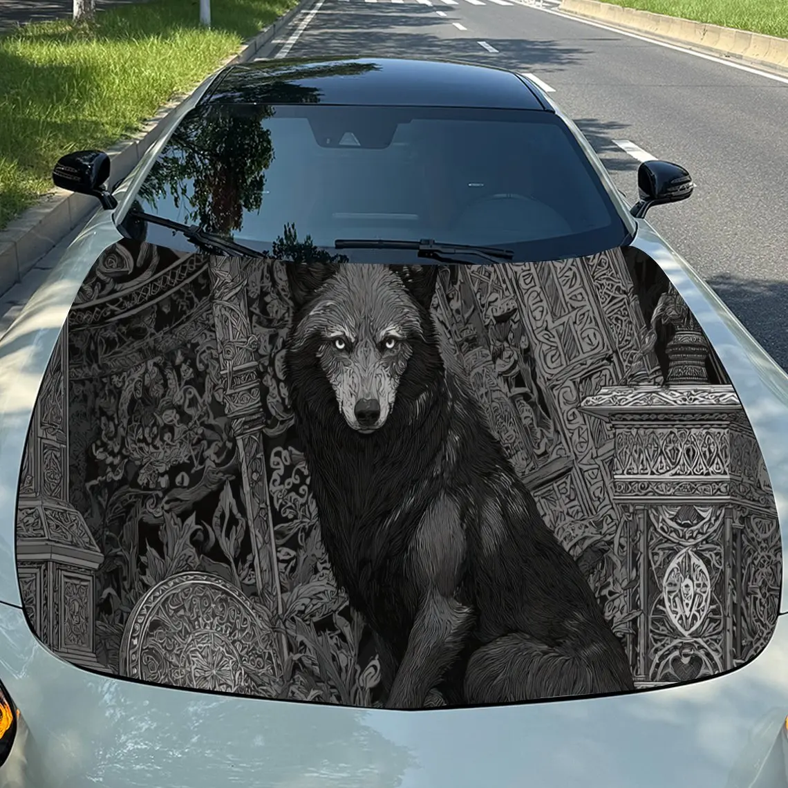 Vintage - Styled Wolf Car Hood Stickers - Self-Adhesive, Waterproof and Durable Vinyl Wrap, Decorate And Protect Your Car, Fit F
