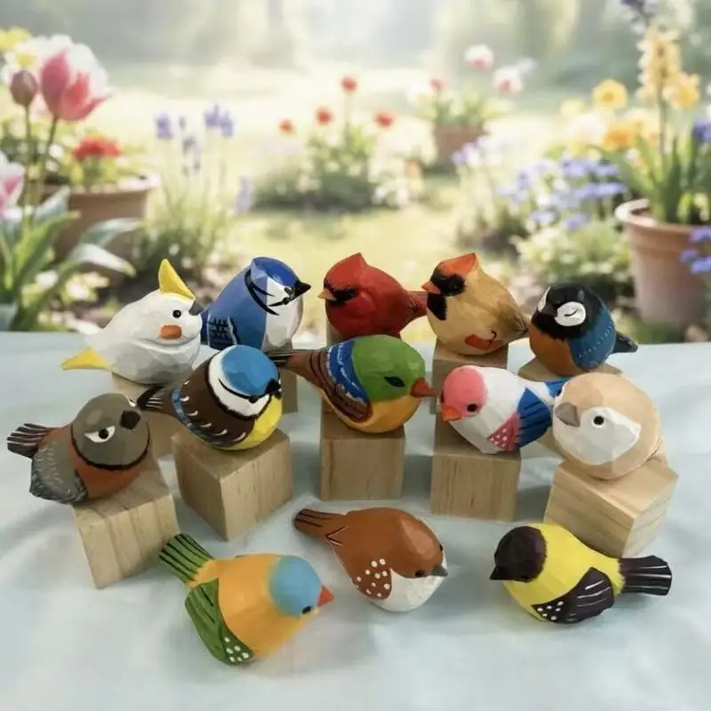 Hand Carved Wooden Bird Figurines Retro Hand Painted Colorful Style Natural Wood Base for Bookshelf Decor Unique Ornament