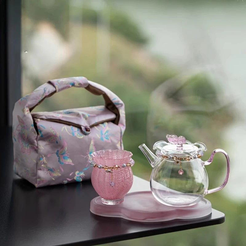 

Pink Portable Glass Teapot Set Women Travel Tea Kit Cup Elegant Flower Tea Brewing Pot Outdoor Camping Tea Accessories