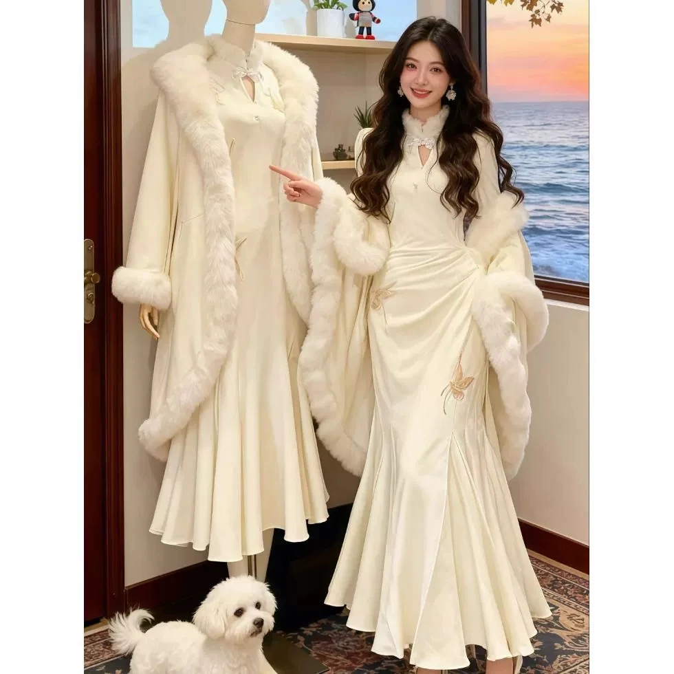 

2026 женский винтажный комбинезон Cheongsam с длинными рукавами и вышивкой на талии, длинная юбка