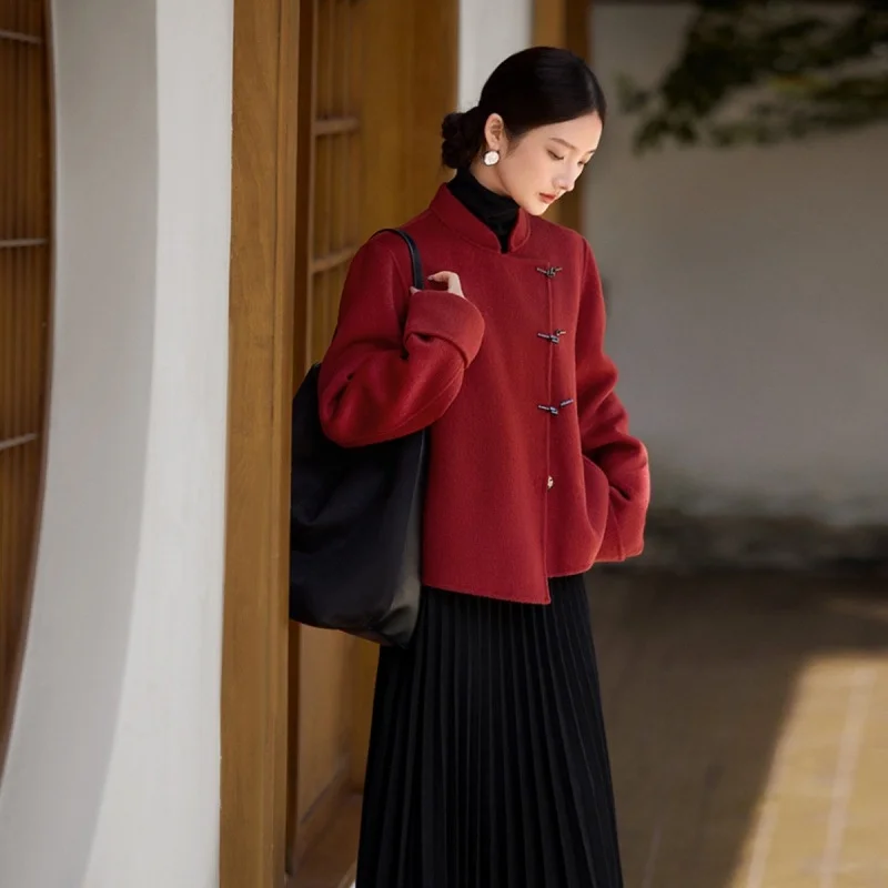 Novo chinês sle ort casaco de lã feminino 2024 outono novo simples faion versátil tamanho pequeno peludo chapéu superior incluído