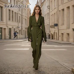 TWOTWINSTYLE Solid Two Piece Set For Women Notched Collar Long Sleeve Tops High Waist Spliced Botton Pants Casual Set Female New