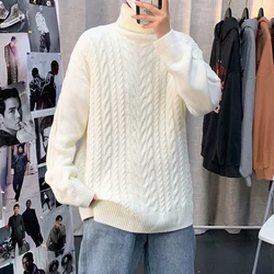 Men Turtleneck Sweater Autumn Winter Vintage Twist Knitted Harajuku Fashion Oversized Pullover All-match Streetwear Black White