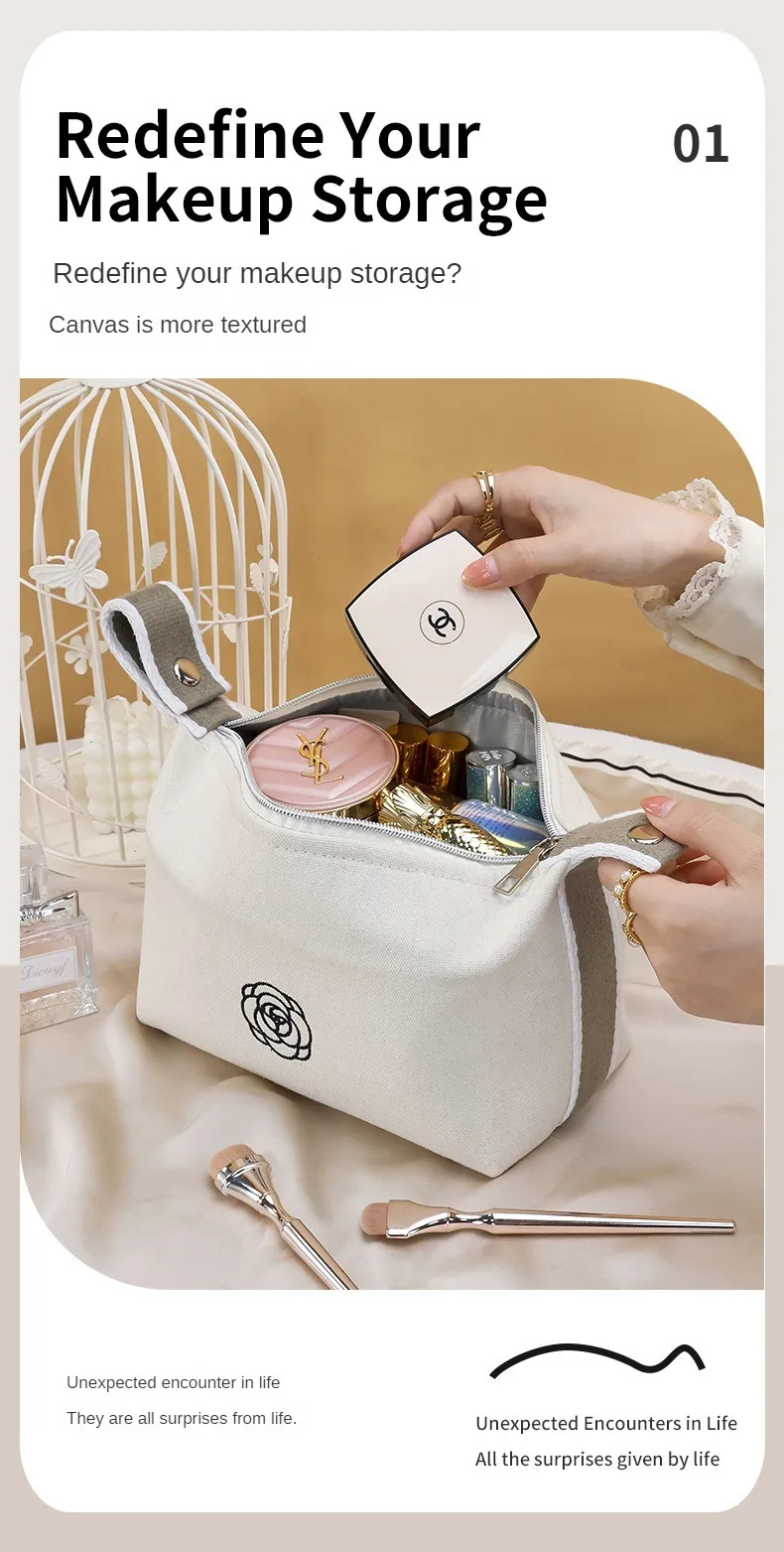 Hochwertige tragbare Make-up-Tasche aus Kamelien-Canvas für Reisen, großes Fassungsvermögen, Aufbewahrungstasche für Toilettenartikel, Kosmetik, Hautpflege – Detail 2