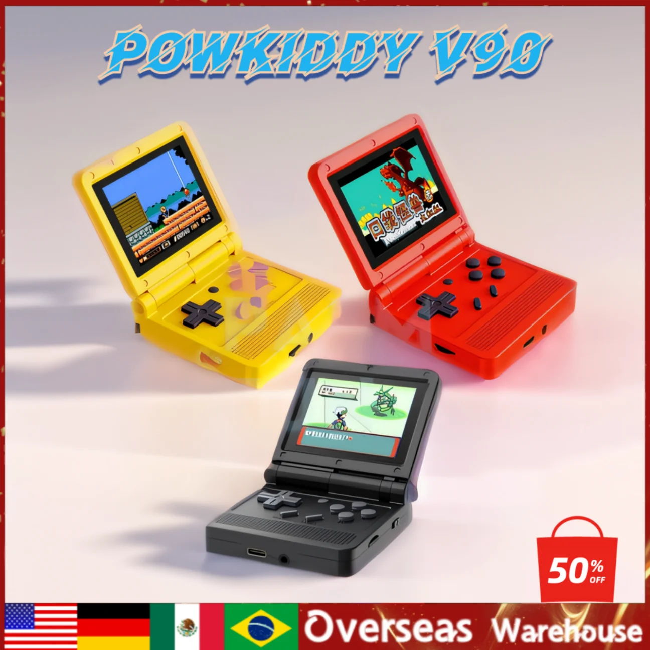 POWKIDDY V90 Retro Game Console Black Version 3-Inch IPS Screen Flip Handheld  Console Open System Game Console Children's gifts