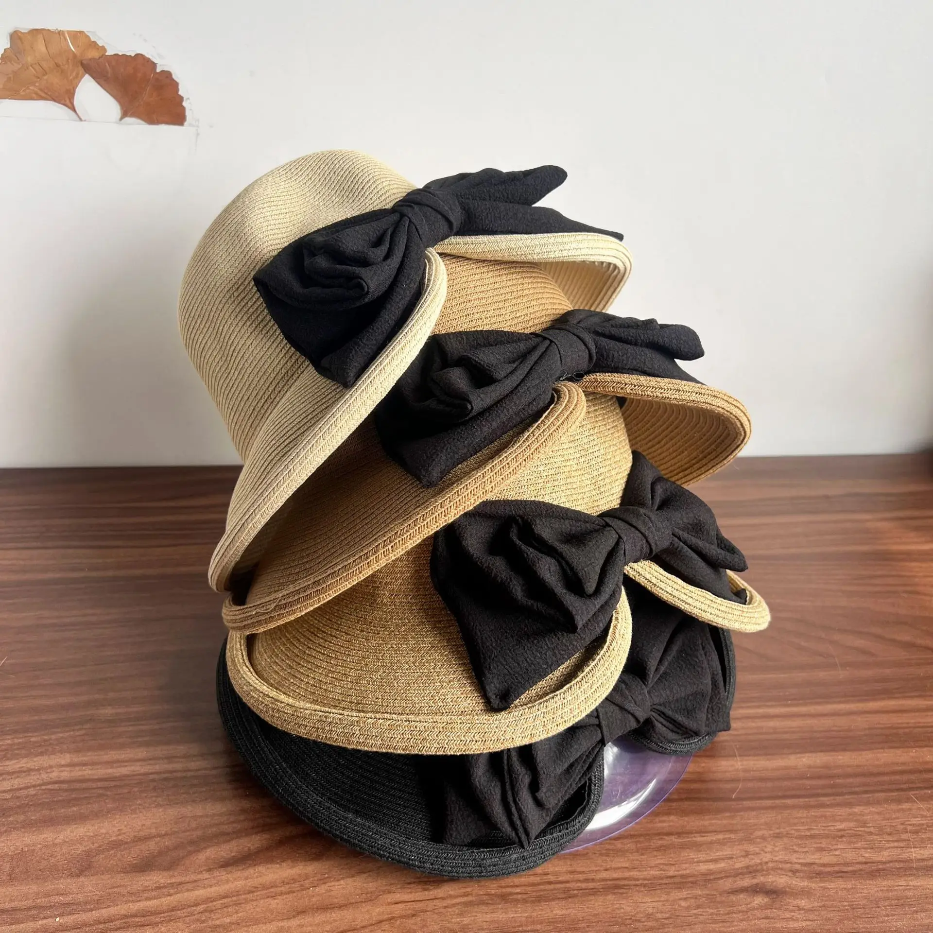 

Японская соломенная шляпа с загнутыми полями для женщин, элегантная панама с разрезным бантом, летняя шляпа для защиты от солнца