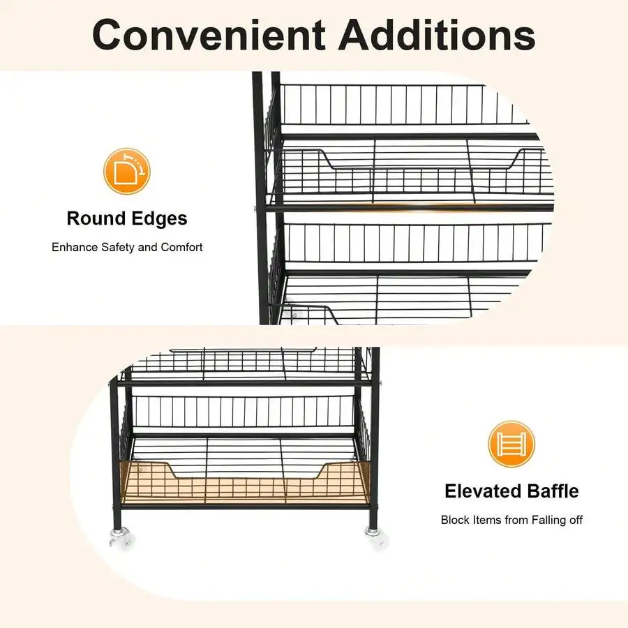 4-Tier Metal Rolling Storage Shelf With 5 Hooks & Lockable Wheels Utility Organizer Rack For Kitchen Garage Retail Store