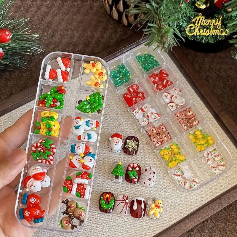 

12-сетка, рождественская серия, украшения для дизайна ногтей, мультяшный Санта-Клаус, Лось, снеговик, подвески для ногтей, смоляные украшения для дизайна ногтей, сделай сам, дизайн ногтей