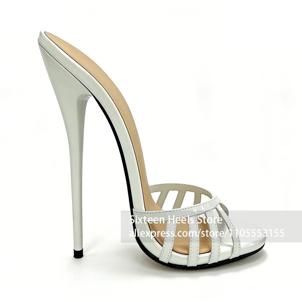 16cm Lacquered Heel Cage Slippers Sexy Style Peep Toe Mules Customizable Multicolor Handmade Footwear for Summer Slip on Heels 2