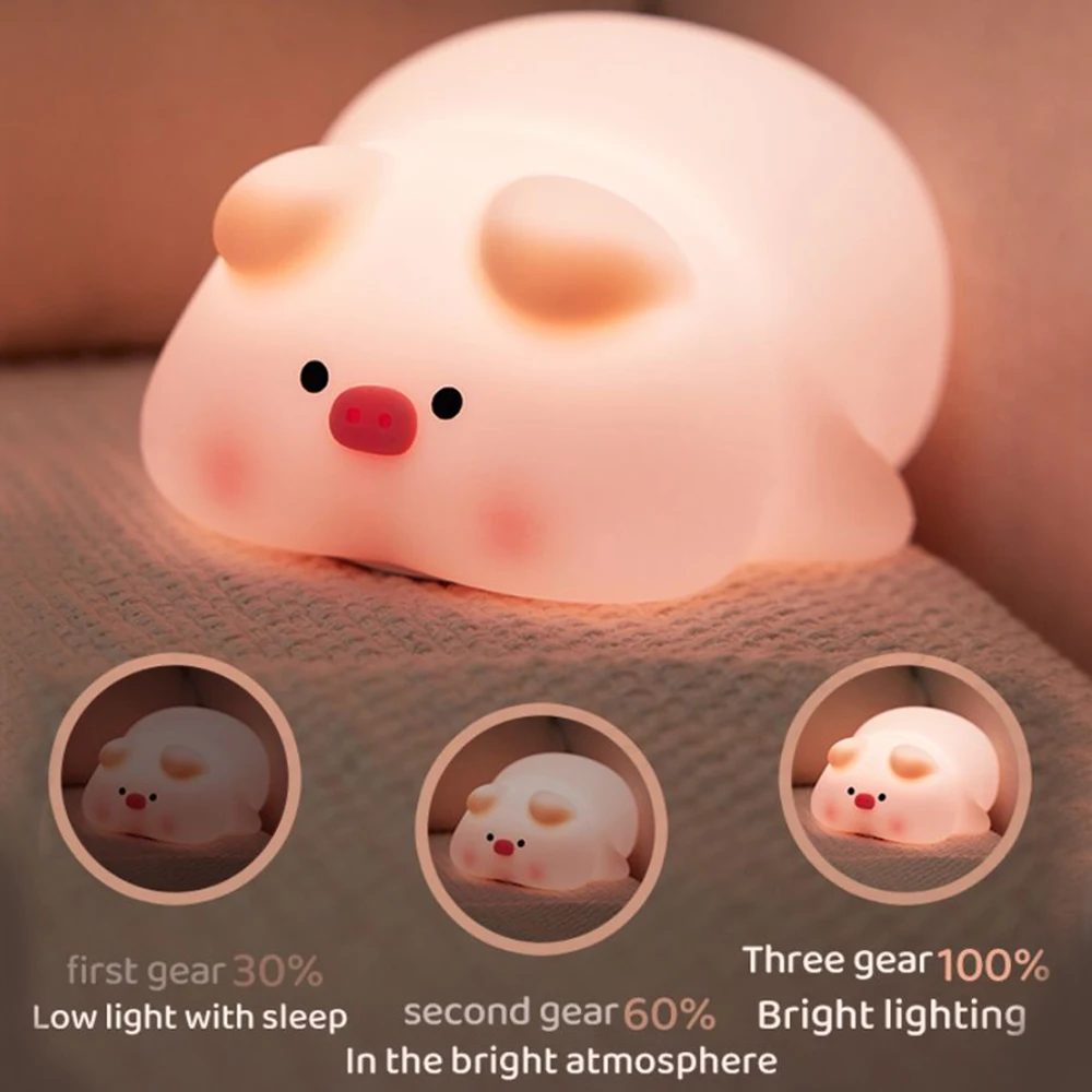 Lovely Kids Night Lights Silicone Pig LED Sleep Lamp Timing Dimmable USB Bedside Decor Light Kids Halloween Christmas Gift