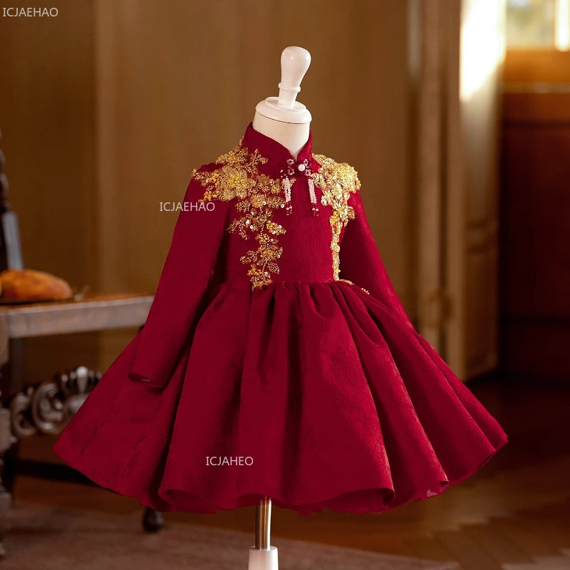 Red Chinese Style Girls Flower Girl Princess Ball Gown Long SleeveFormal Evening Gown Costume Dress for Host Piano Performance