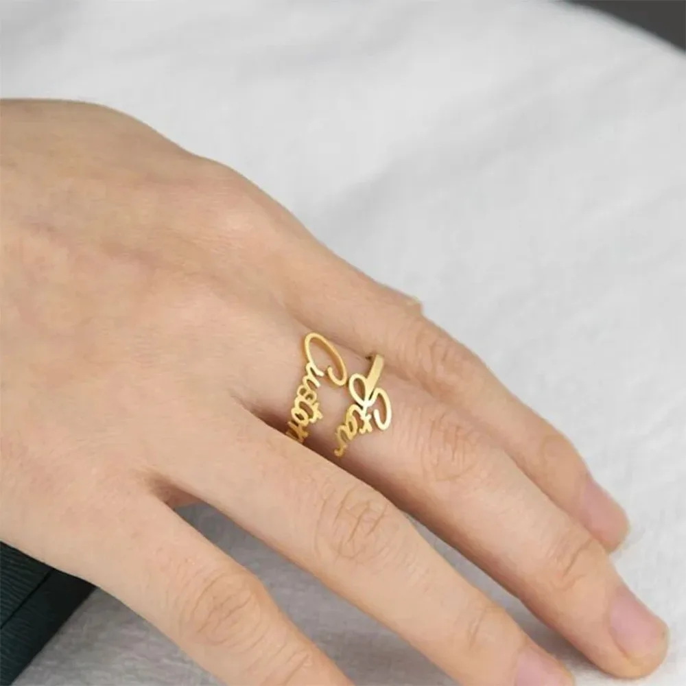 

Custom Names Double Name Ring For Women Stainless Steel Personalised Gold Color Adjustable Letter Rings for couple